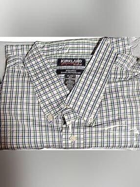 Kirkland Signature Men's XL Plaid Button-Up Shirt Green Blue Short Sleeve NWOT